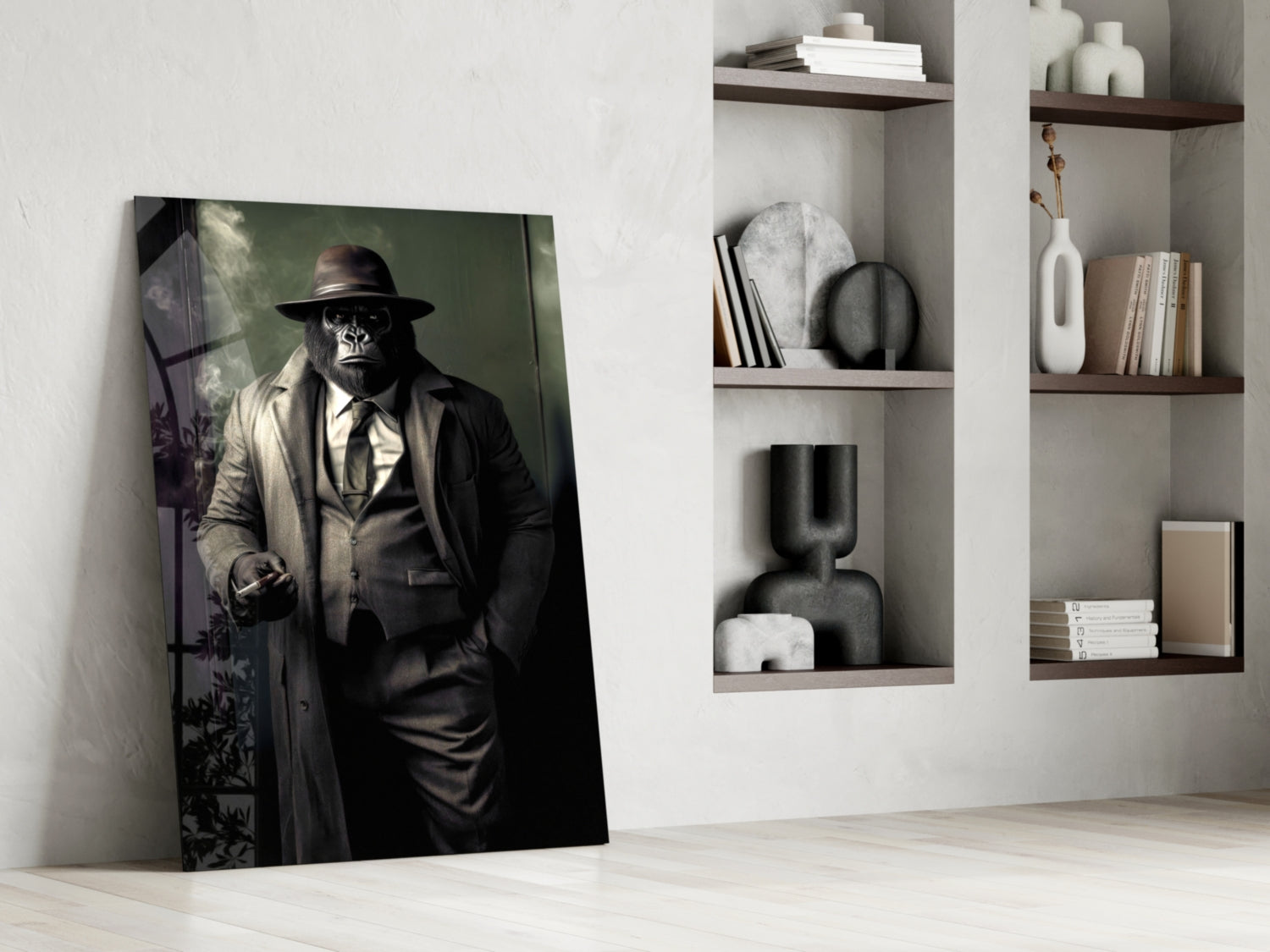 Glass wall art depicting a chimpanzee in formal attire with fedora hat and overcoat leaning against white shelving unit.