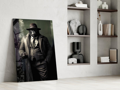 Glass wall art depicting a chimpanzee in formal attire with fedora hat and overcoat leaning against white shelving unit.