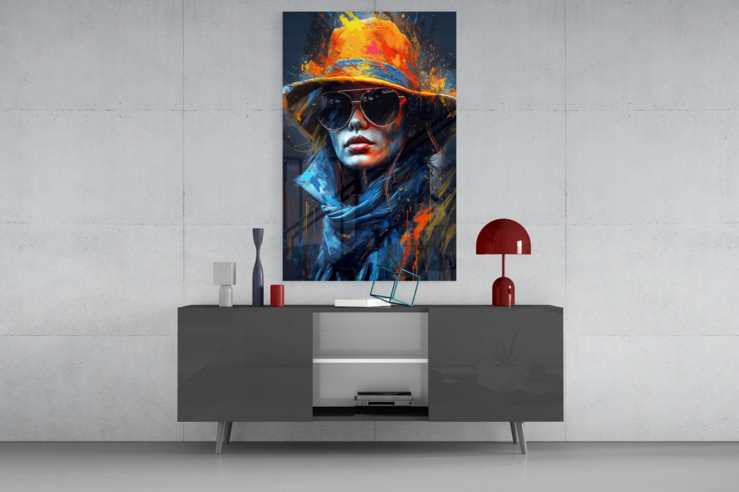Orange Hat Sunglasses Paint Splash Woman Glass Wall Art