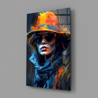 Orange Hat Sunglasses Paint Splash Woman Glass Wall Art