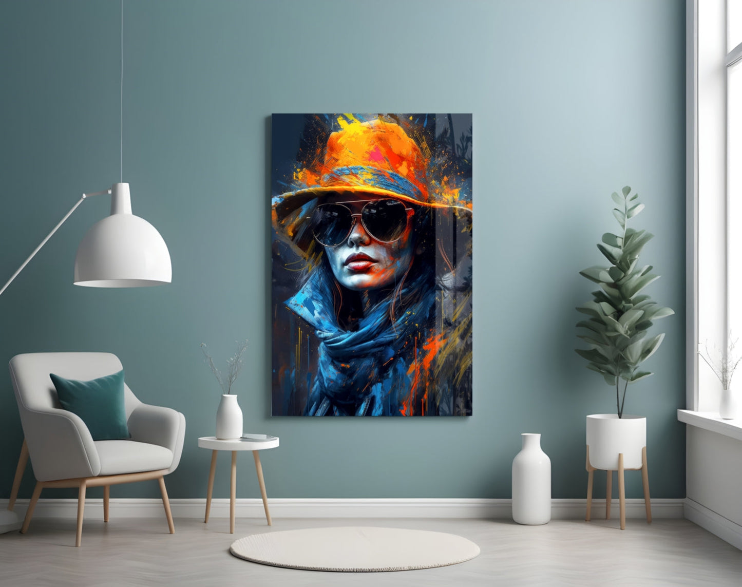 Orange Hat Sunglasses Paint Splash Woman Glass Wall Art
