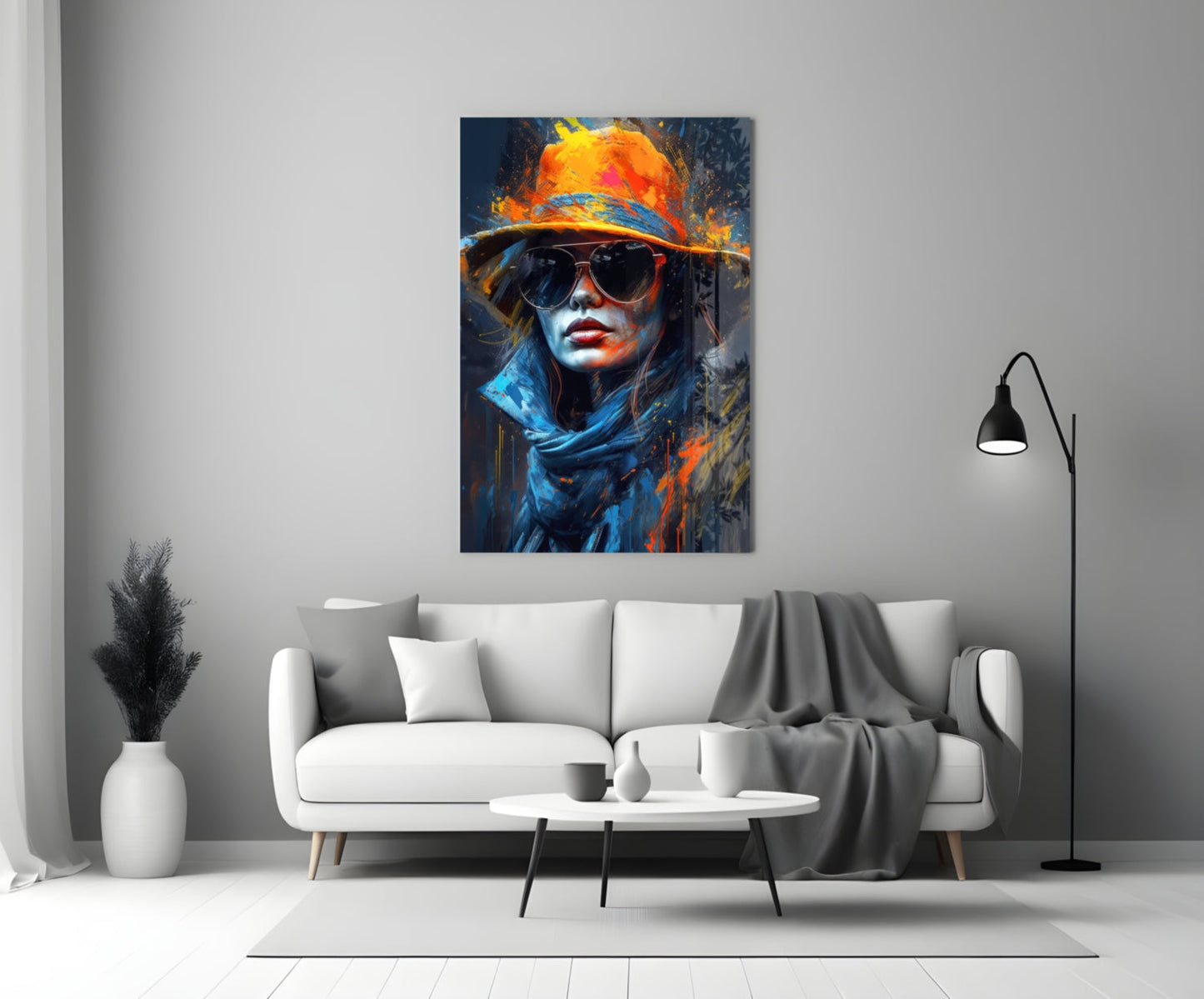 Orange Hat Sunglasses Paint Splash Woman Glass Wall Art