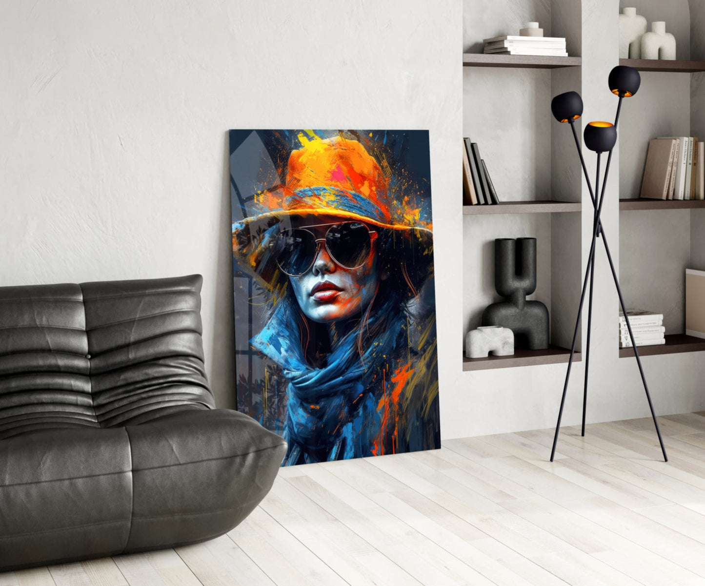 Orange Hat Sunglasses Paint Splash Woman Glass Wall Art