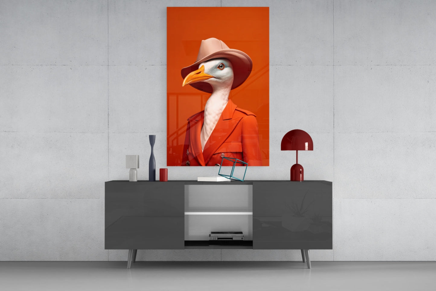 Seagull in Orange Coat and Fedora Glass Wall Art