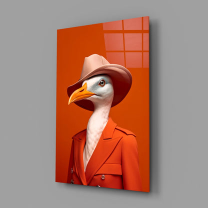 Seagull in Orange Coat and Fedora Glass Wall Art