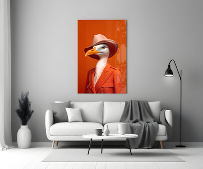 Seagull in Orange Coat and Fedora Glass Wall Art