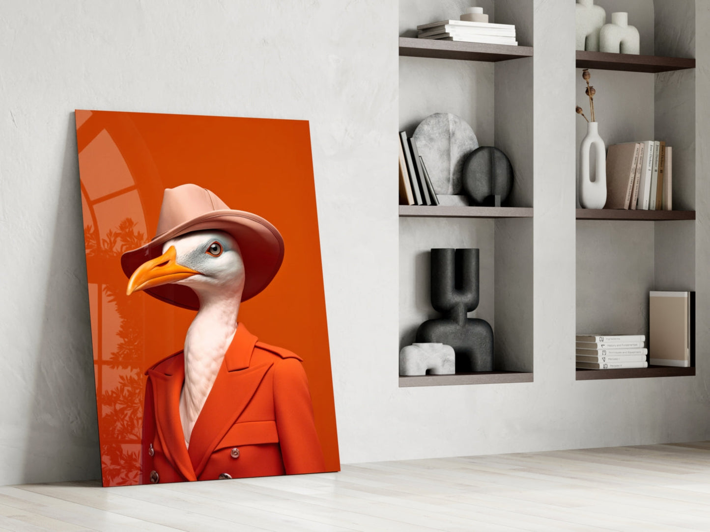 Seagull in Orange Coat and Fedora Glass Wall Art
