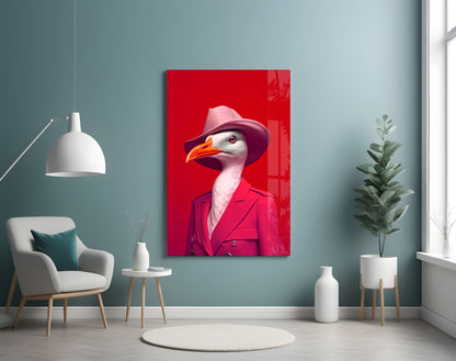 Seagull in Hot Pink Suit and Hat Glass Wall Art