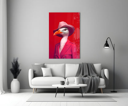 Seagull in Hot Pink Suit and Hat Glass Wall Art