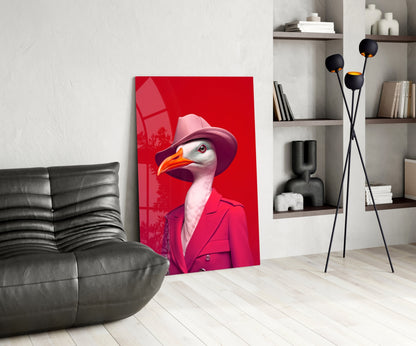 Seagull in Hot Pink Suit and Hat Glass Wall Art