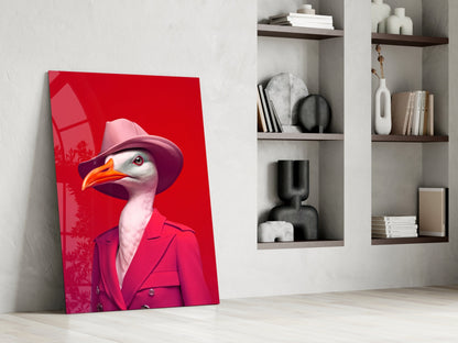 Seagull in Hot Pink Suit and Hat Glass Wall Art