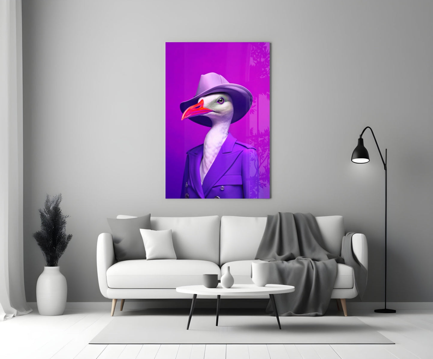 Seagull in Purple Trench Coat Glass Wall Art