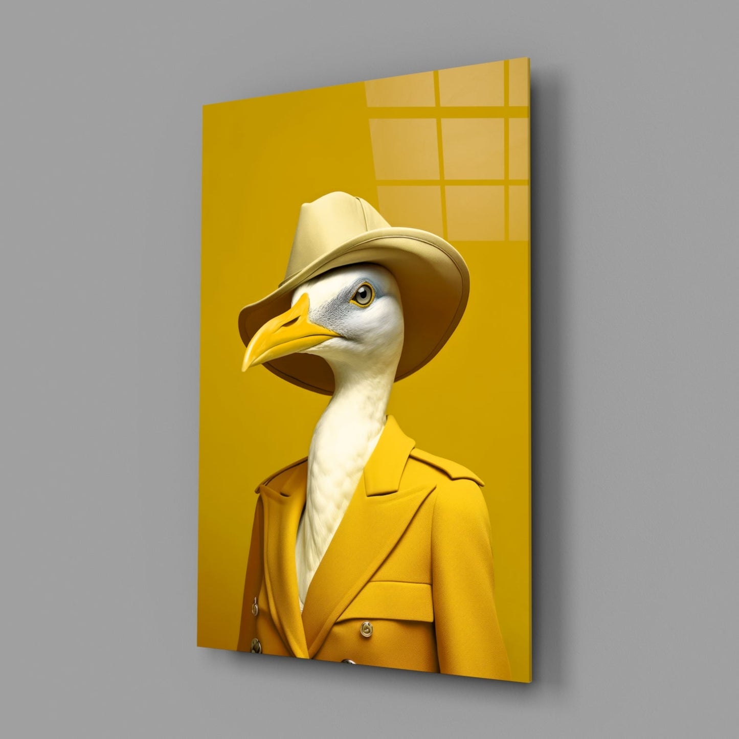 Seagull in Mustard Yellow Overcoat Glass Wall Art