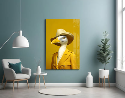 Seagull in Mustard Yellow Overcoat Glass Wall Art