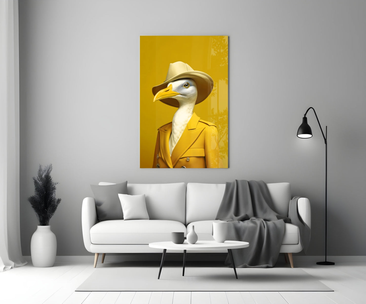 Seagull in Mustard Yellow Overcoat Glass Wall Art