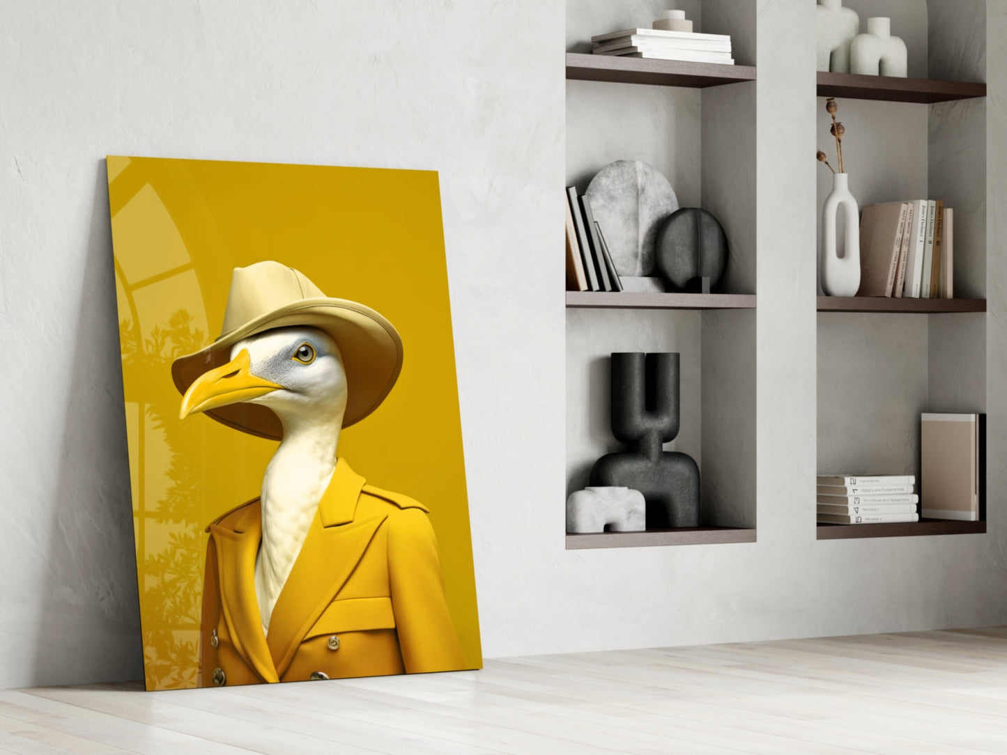 Seagull in Mustard Yellow Overcoat Glass Wall Art