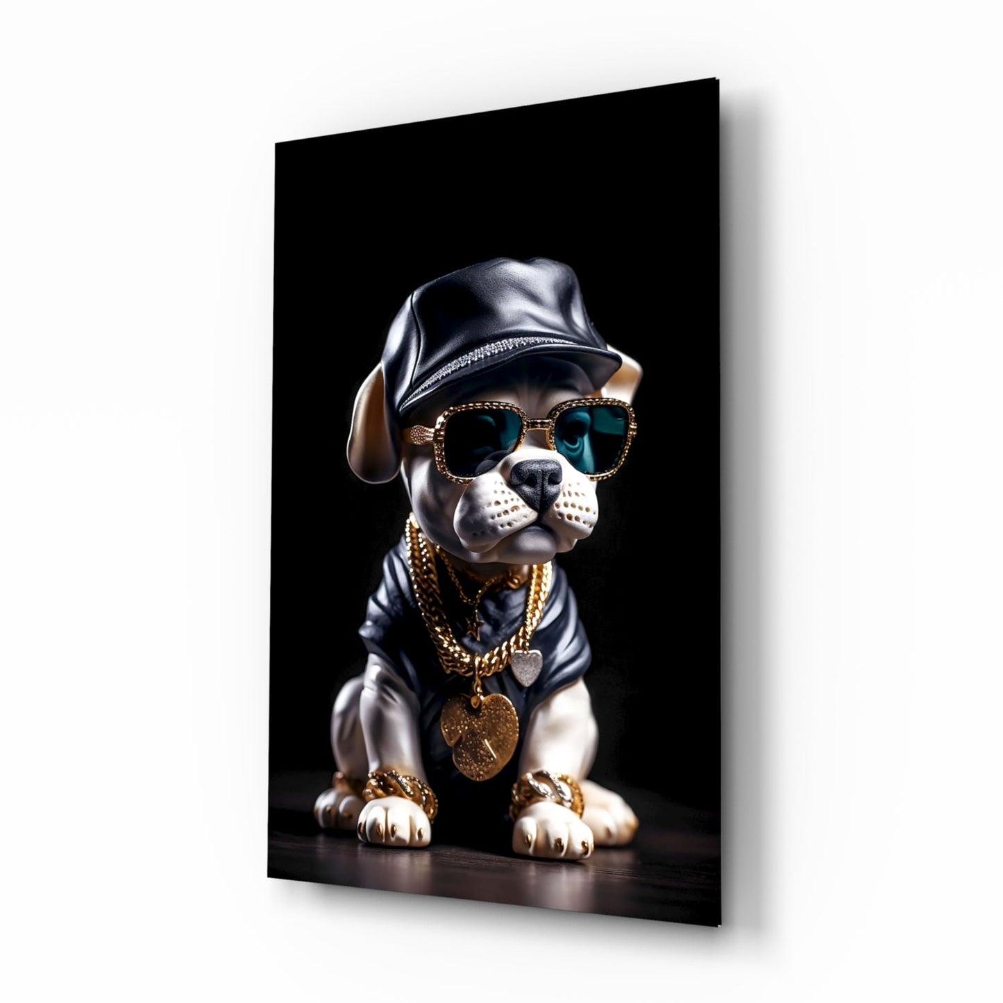 A stylized puppy wearing a black leather cap, rhinestone-studded sunglasses, and gold chain necklaces displayed on a black glass panel against a white background.