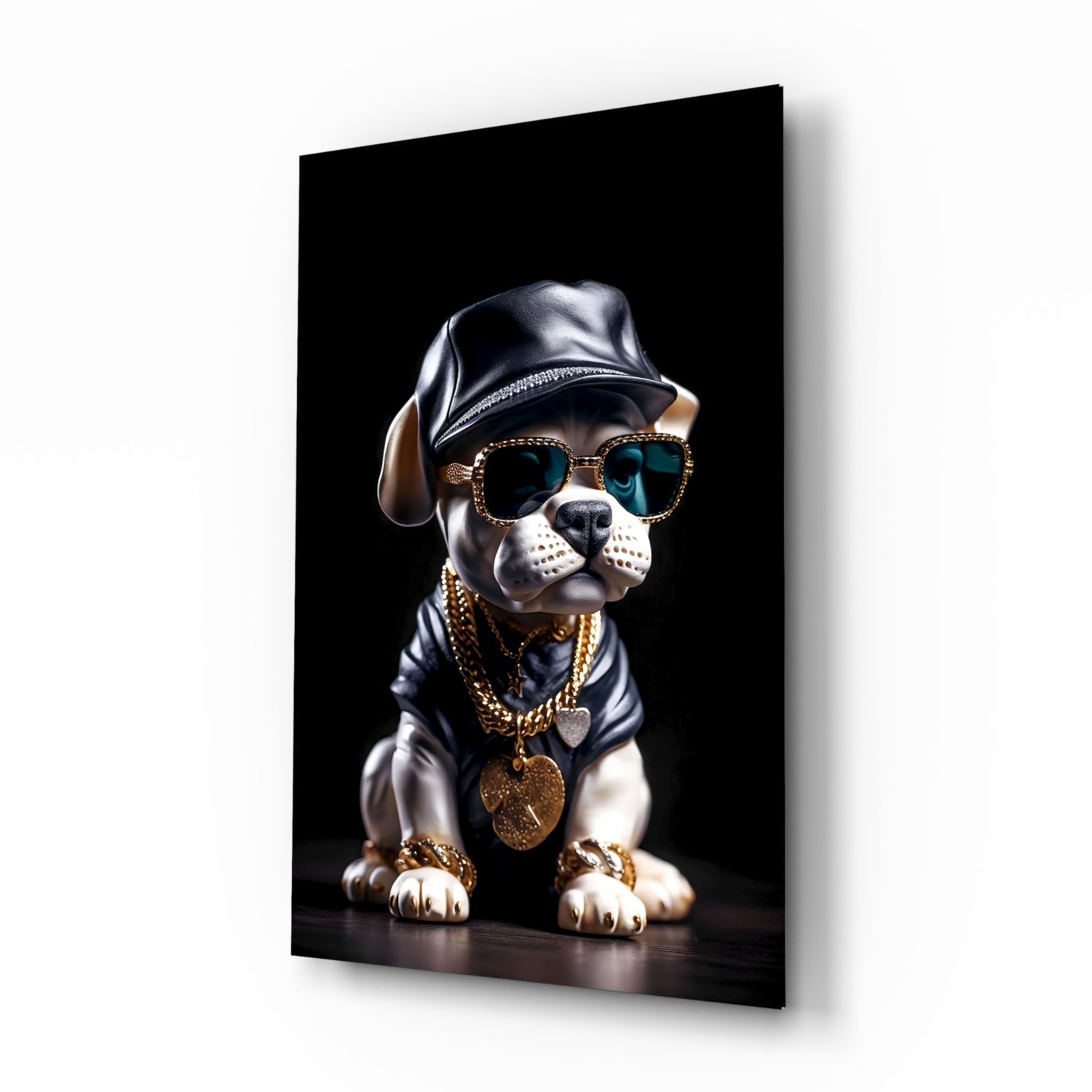 A stylized puppy wearing a black leather cap, rhinestone-studded sunglasses, and gold chain necklaces displayed on a black glass panel against a white background.