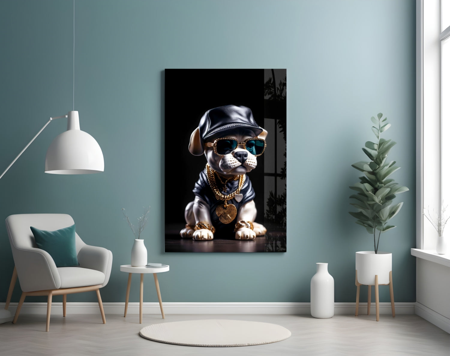 Stylized dog wearing sunglasses, gold chain, and cap displayed as framed glass wall art in modern living room setting.