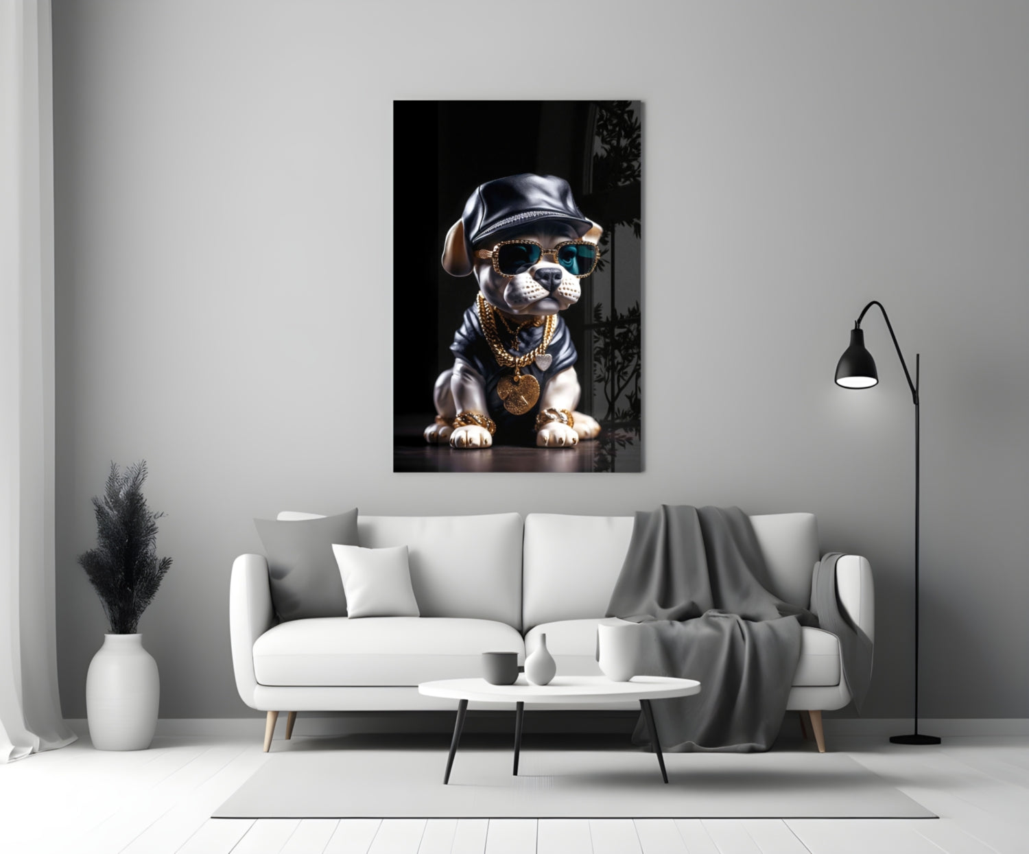 Stylized puppy wearing sunglasses, leather cap, and gold chain necklace displayed on white living room wall above sofa.