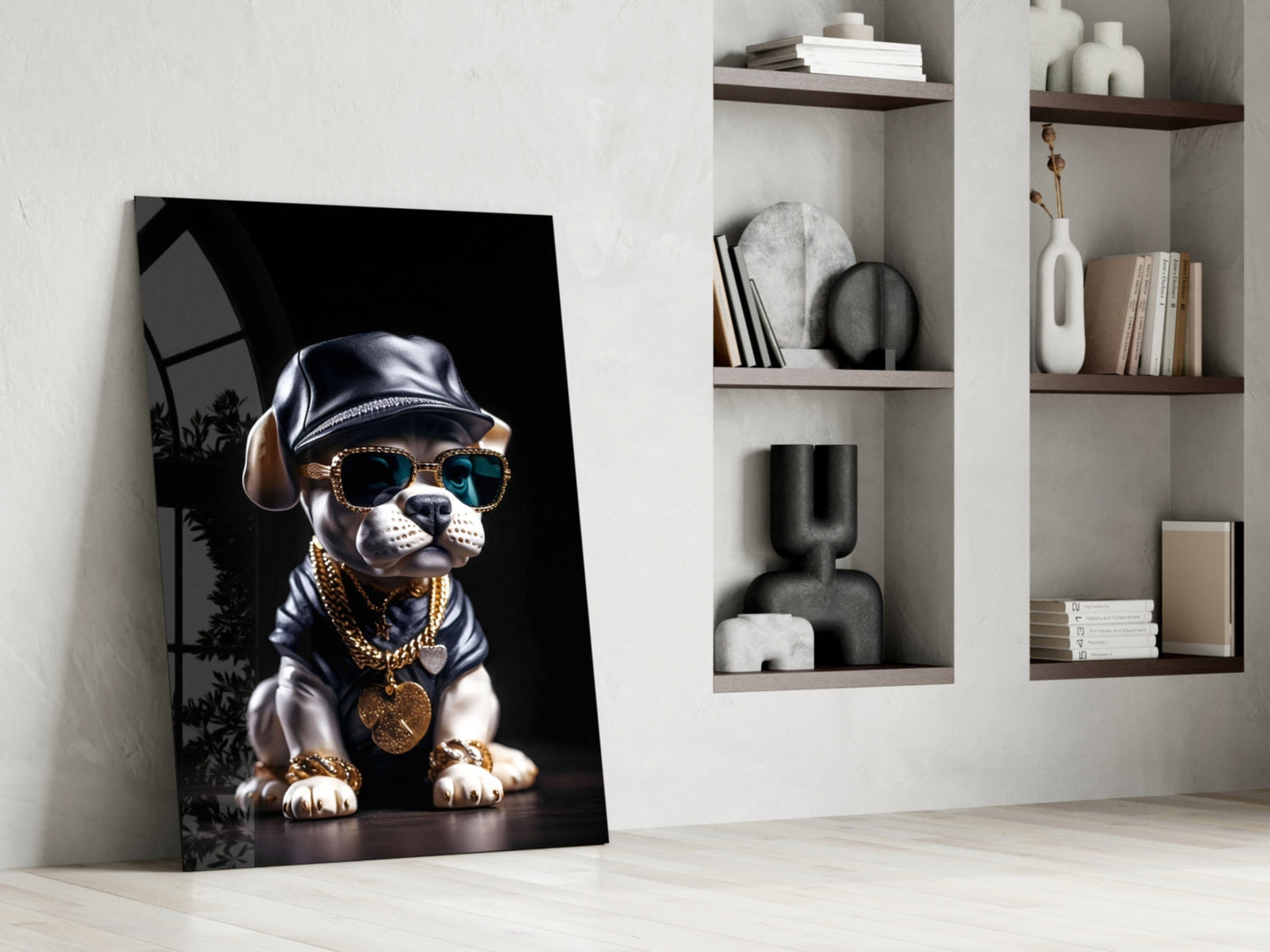 Stylized puppy wearing blue baseball cap, sunglasses, and gold chain leaning against white wall beside shelving unit.