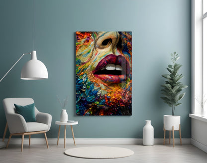 Colorful glass wall art displaying a close-up of vibrant lips and textured floral patterns in a modern living room setting.
