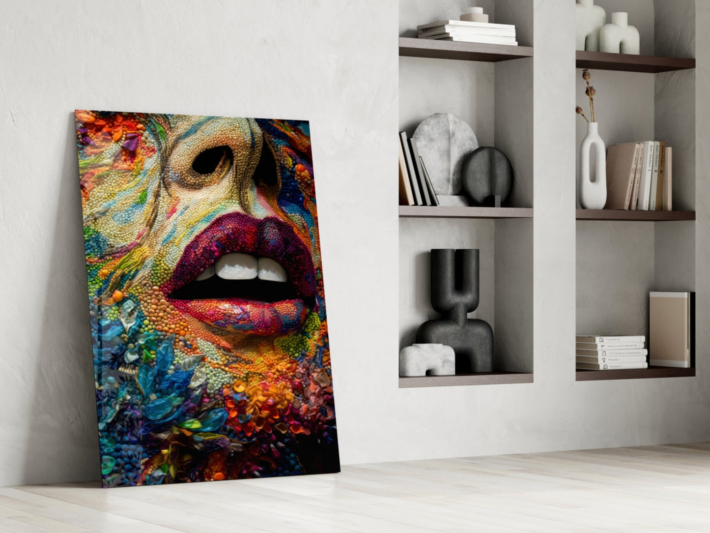 Colorful glass wall art leaning against white wall displays vibrant lips surrounded by textured floral and coral reef patterns in rainbow hues.