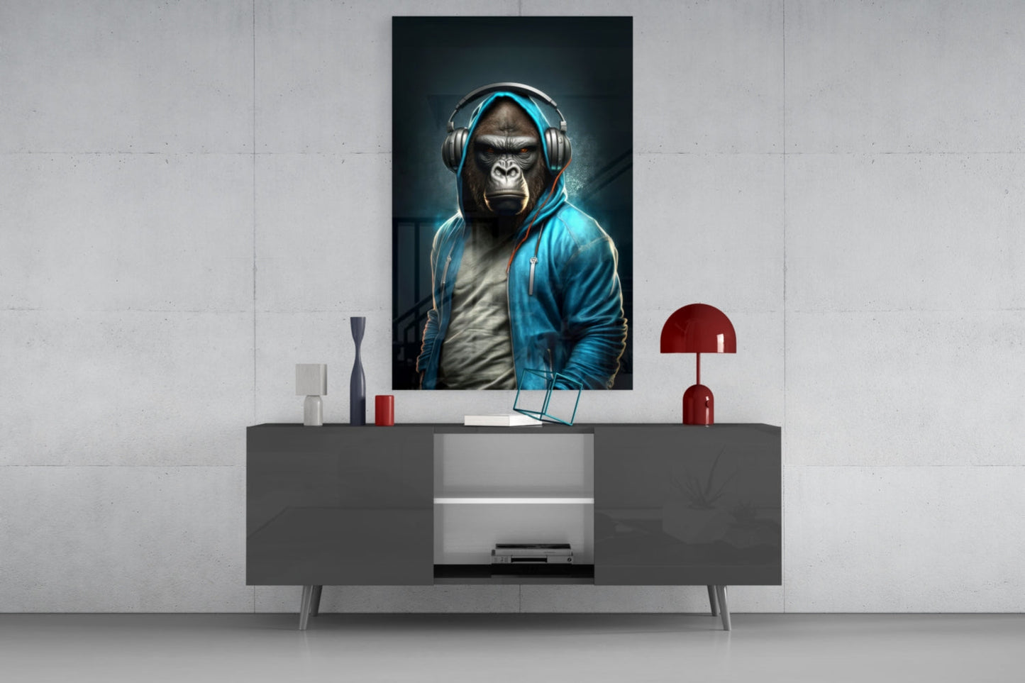 Gorilla in Blue Hoodie With Headphones Glass Wall Art