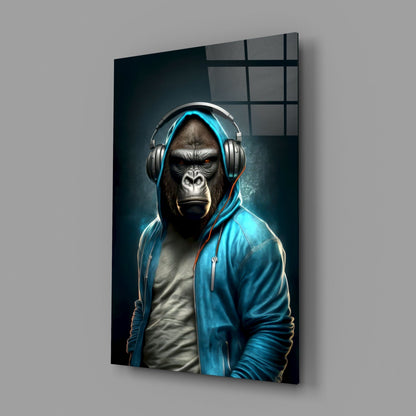 Gorilla in Blue Hoodie With Headphones Glass Wall Art