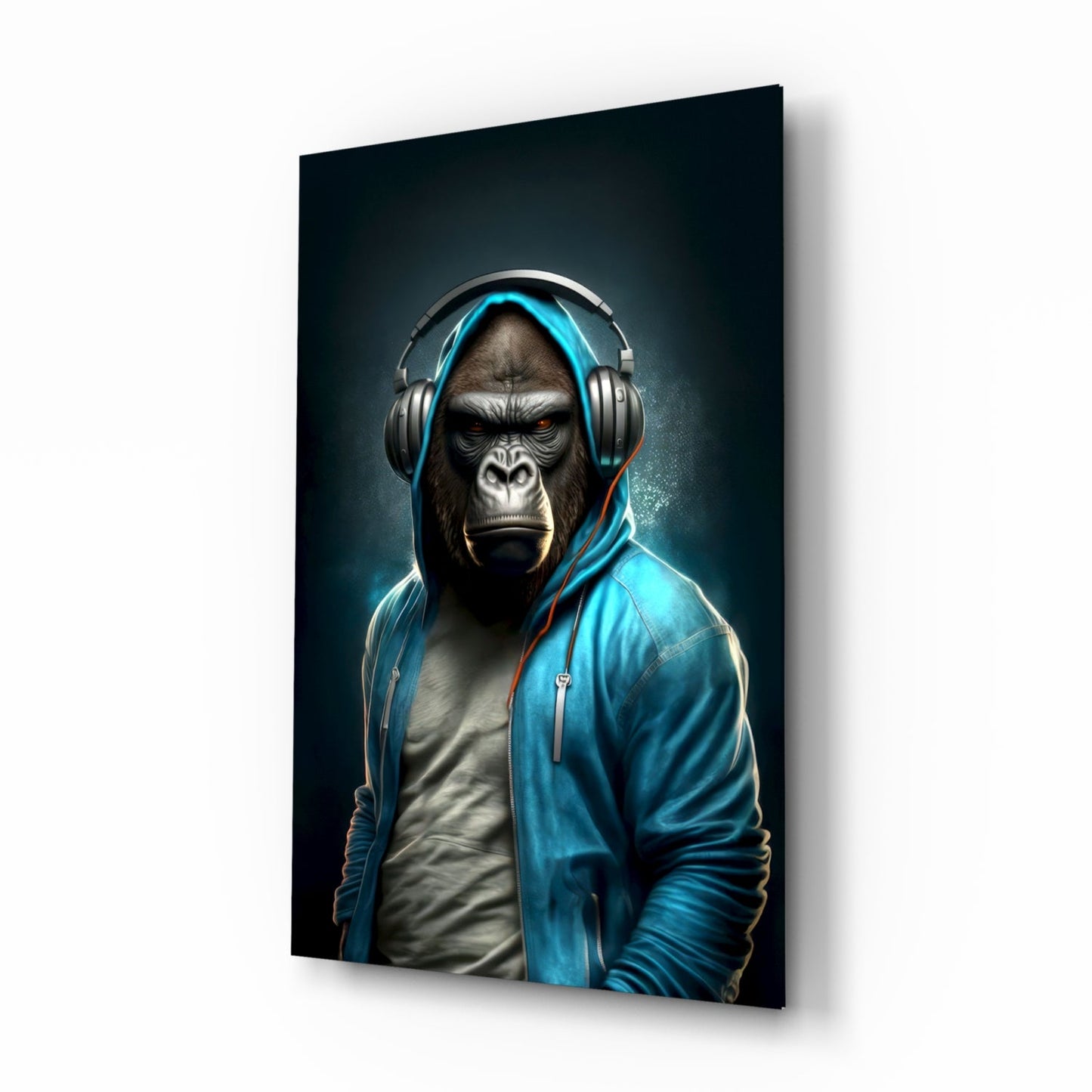 Gorilla in Blue Hoodie With Headphones Glass Wall Art