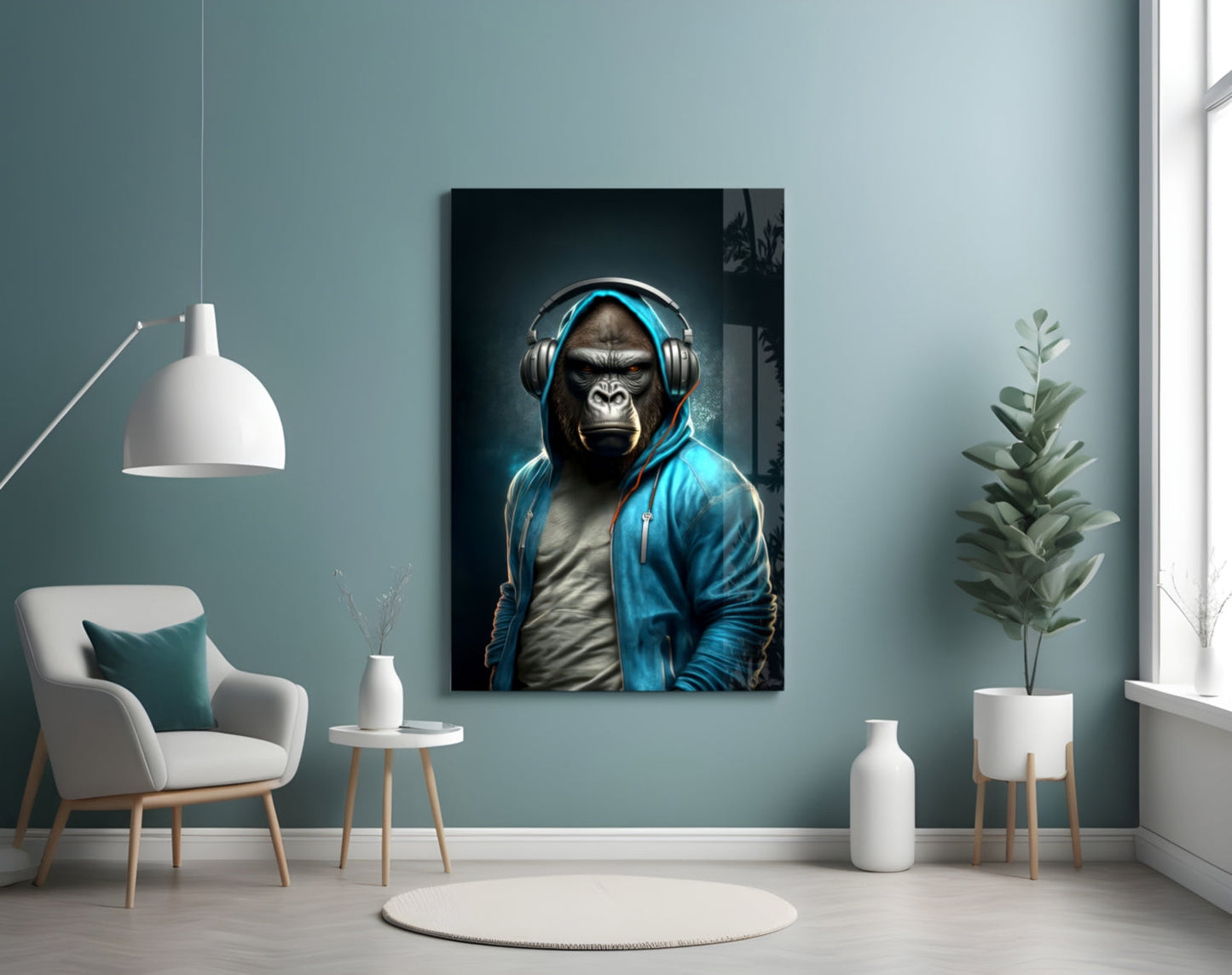Gorilla in Blue Hoodie With Headphones Glass Wall Art