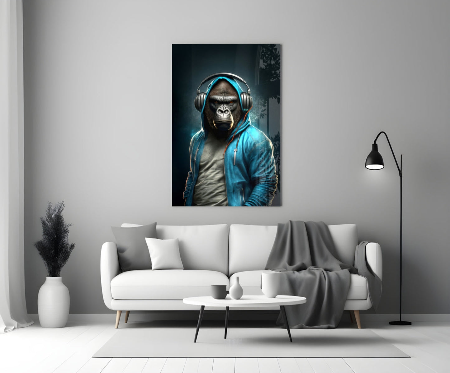 Gorilla in Blue Hoodie With Headphones Glass Wall Art