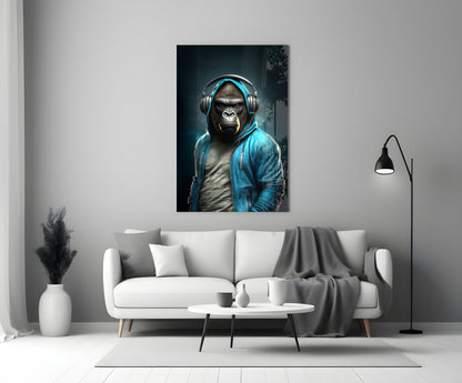 Gorilla in Blue Hoodie With Headphones Glass Wall Art