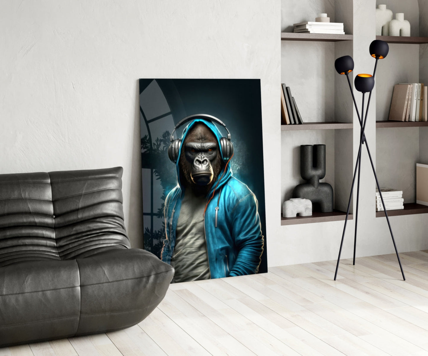 Gorilla in Blue Hoodie With Headphones Glass Wall Art