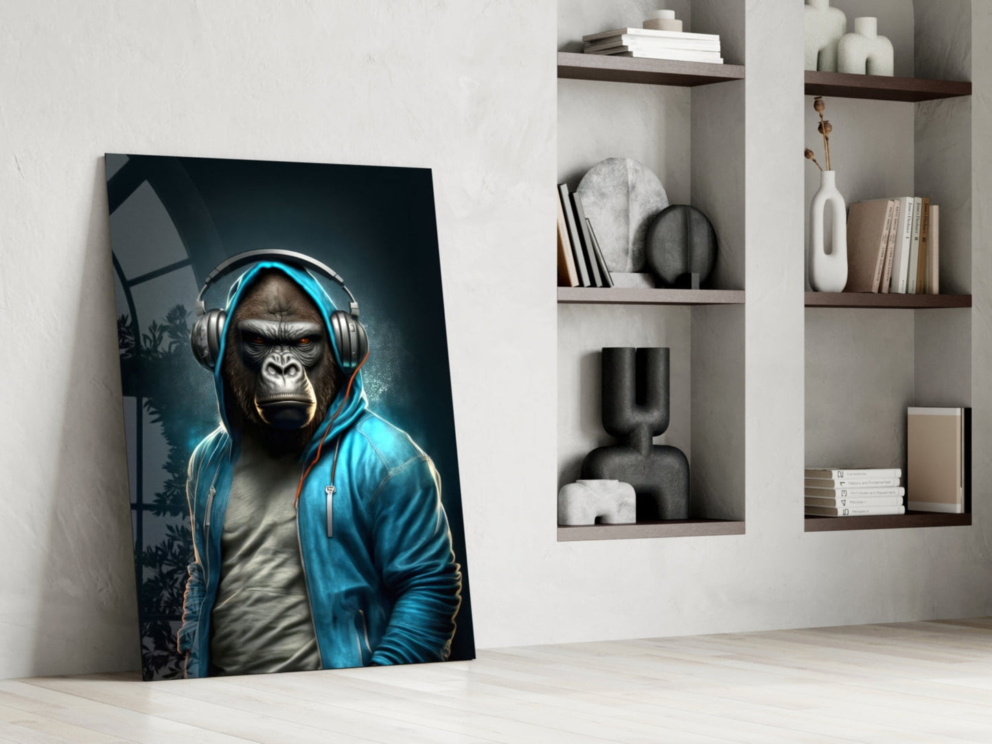 Gorilla in Blue Hoodie With Headphones Glass Wall Art