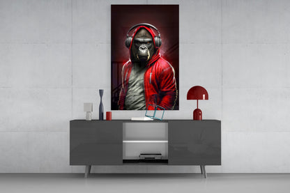 Gorilla in Red Hoodie With Headphones Glass Wall Art