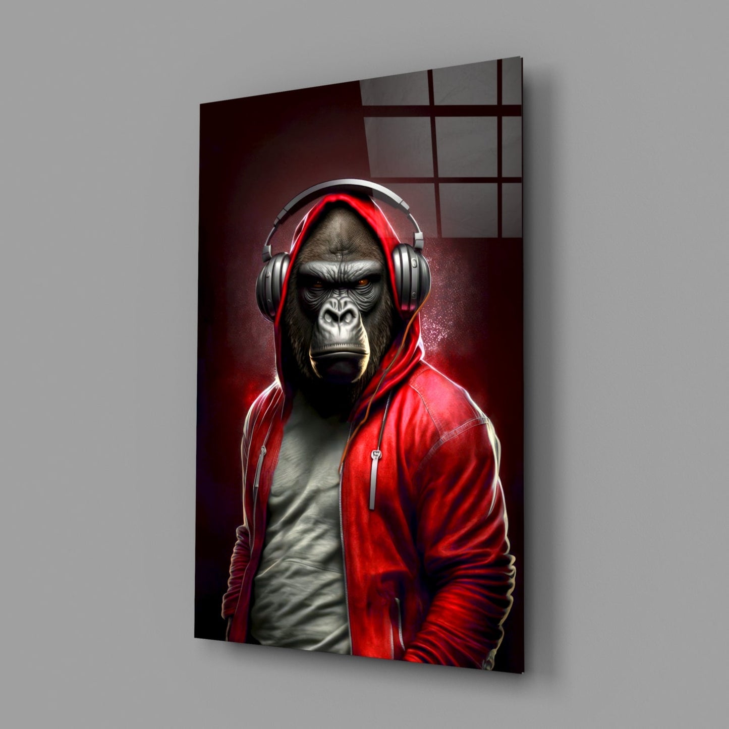 Gorilla in Red Hoodie With Headphones Glass Wall Art