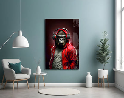 Gorilla in Red Hoodie With Headphones Glass Wall Art