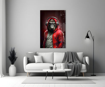 Gorilla in Red Hoodie With Headphones Glass Wall Art