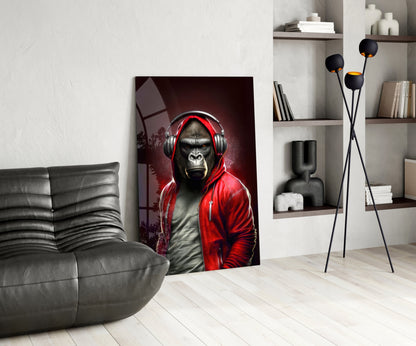 Gorilla in Red Hoodie With Headphones Glass Wall Art