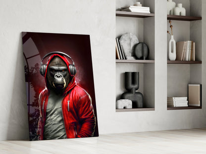 Gorilla in Red Hoodie With Headphones Glass Wall Art