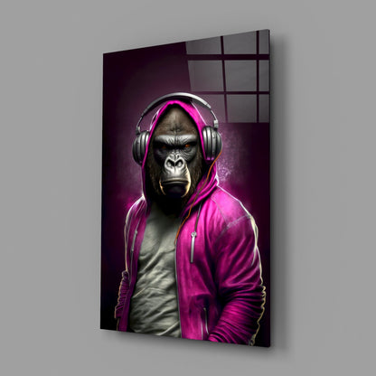 Gorilla in Magenta Hoodie DJ Headphones Glass Wall Art