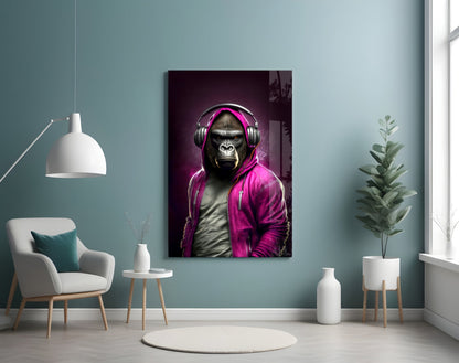 Gorilla in Magenta Hoodie DJ Headphones Glass Wall Art
