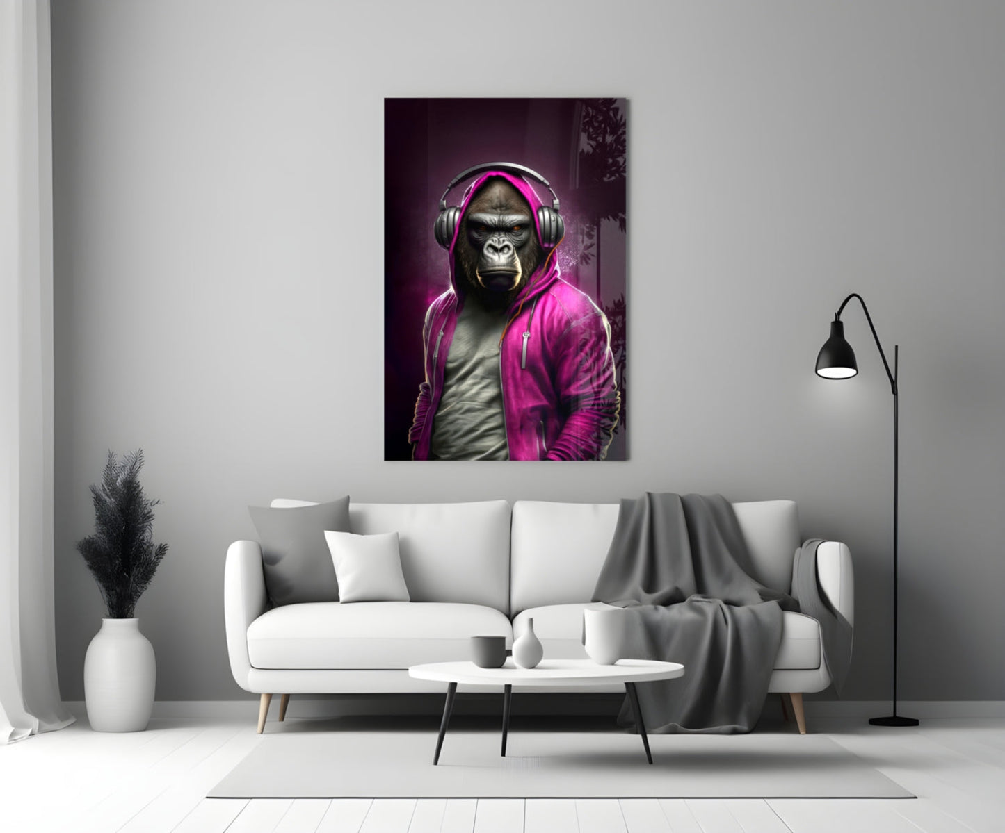 Gorilla in Magenta Hoodie DJ Headphones Glass Wall Art