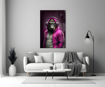 Gorilla in Magenta Hoodie DJ Headphones Glass Wall Art