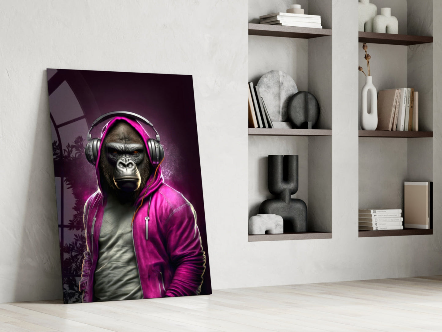 Gorilla in Magenta Hoodie DJ Headphones Glass Wall Art