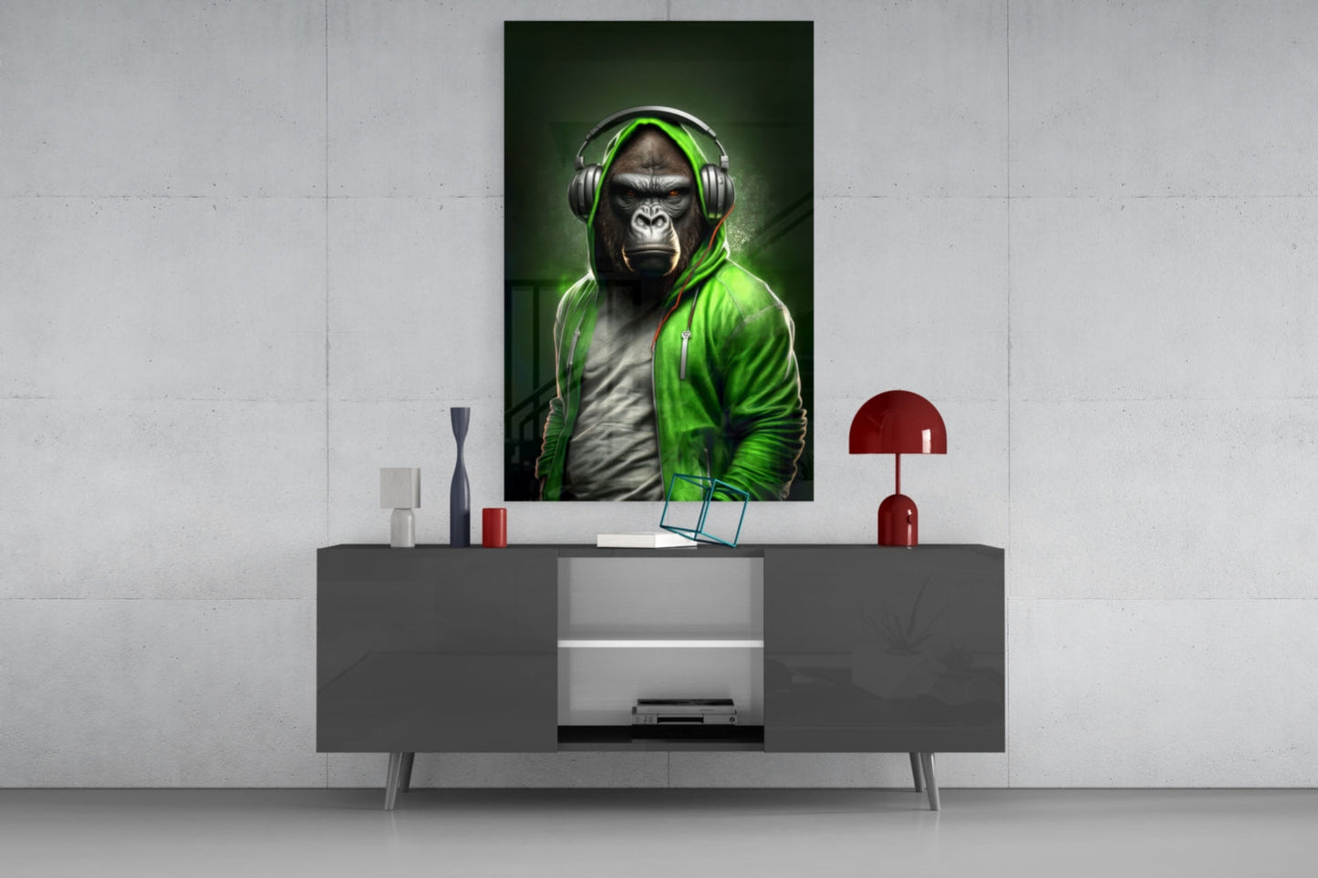 Gorilla in Lime Green Hoodie Headphones Glass Wall Art