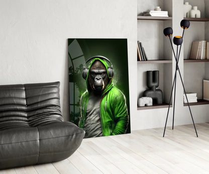 Gorilla in Lime Green Hoodie Headphones Glass Wall Art