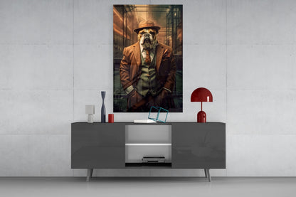 Bulldog In Rust Pinstripe Suit Glass Wall Art