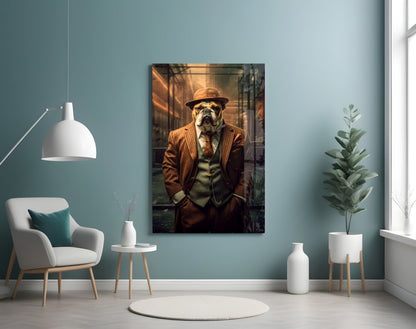 Bulldog In Rust Pinstripe Suit Glass Wall Art
